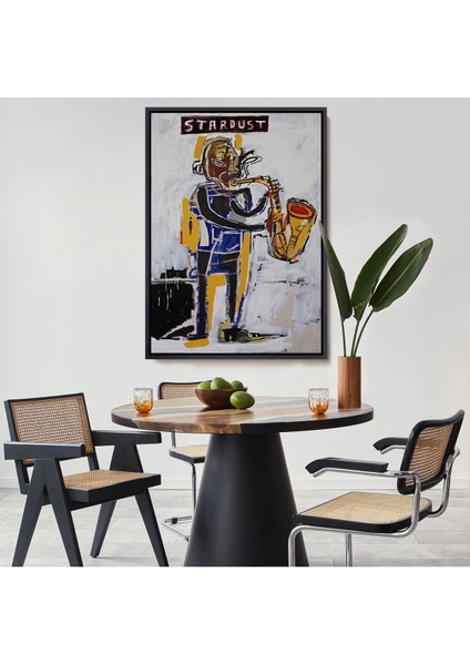 Kahverengi Çerçeveli Jean Michel Basquiat Stardust Saksafon Kanvas Tablo, Sokak Sanatı, Pop Art