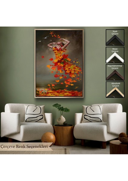 Kahverengi Çerçeveli Yaprak Elbiseli Kadın Tablosu