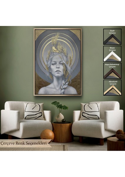 Altın Çerçeveli Altın Detayları Ile Güzel Kadın Duvar Tablosu