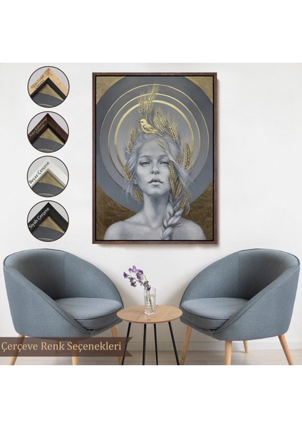 Altın Çerçeveli Altın Detayları Ile Güzel Kadın Duvar Tablosu