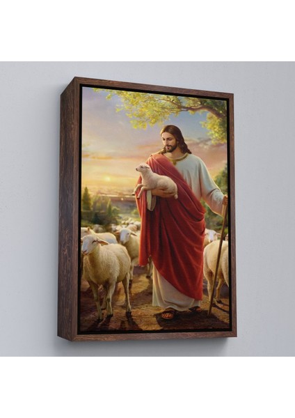 Kahverengi Çerçeveli Isa Kuzu ile Isa Mesih Kayıp Kuzu Kanvas Tablo, Kilise Duvar Sanatı Süslemeleri