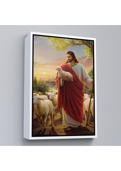 Kahverengi Çerçeveli Isa Kuzu ile Isa Mesih Kayıp Kuzu Kanvas Tablo, Kilise Duvar Sanatı Süslemeleri fırsatları