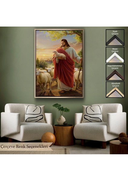 Kahverengi Çerçeveli Isa Kuzu ile Isa Mesih Kayıp Kuzu Kanvas Tablo, Kilise Duvar Sanatı Süslemeleri
