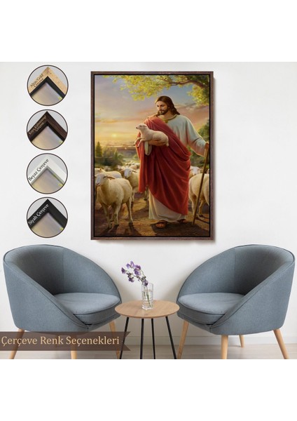 Kahverengi Çerçeveli Isa Kuzu ile Isa Mesih Kayıp Kuzu Kanvas Tablo, Kilise Duvar Sanatı Süslemeleri