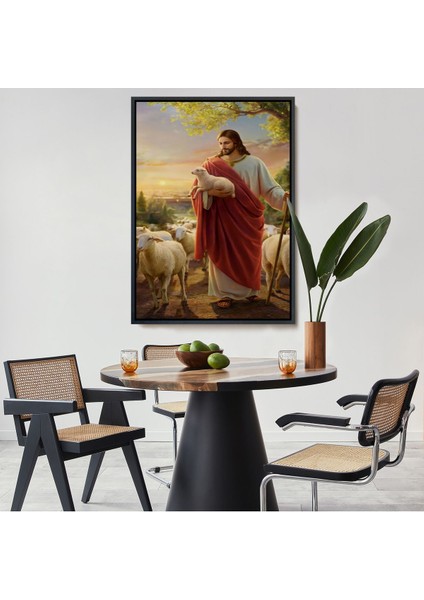Kahverengi Çerçeveli Isa Kuzu ile Isa Mesih Kayıp Kuzu Kanvas Tablo, Kilise Duvar Sanatı Süslemeleri