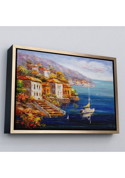 Altın Çerçeveli Yunanistan Harbor View Manzaralı Yağlıboya Görünüm Dekoratif Kanvas Duvar Tablosu