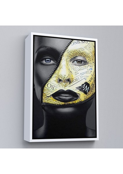 Siyah Çerçeveli Fermuar Makyajlı Güzel Kızın Yakın Çekim Portresi Kanvas Tablo fiyatları