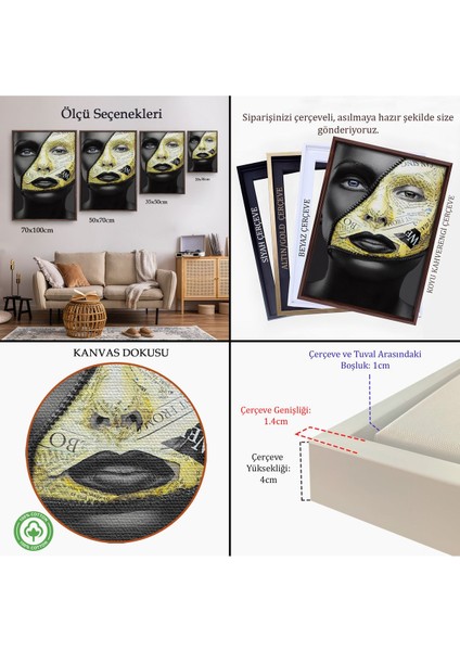 Siyah Çerçeveli Fermuar Makyajlı Güzel Kızın Yakın Çekim Portresi Kanvas Tablo indirimleri