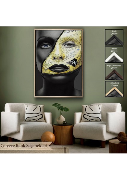 Siyah Çerçeveli Fermuar Makyajlı Güzel Kızın Yakın Çekim Portresi Kanvas Tablo