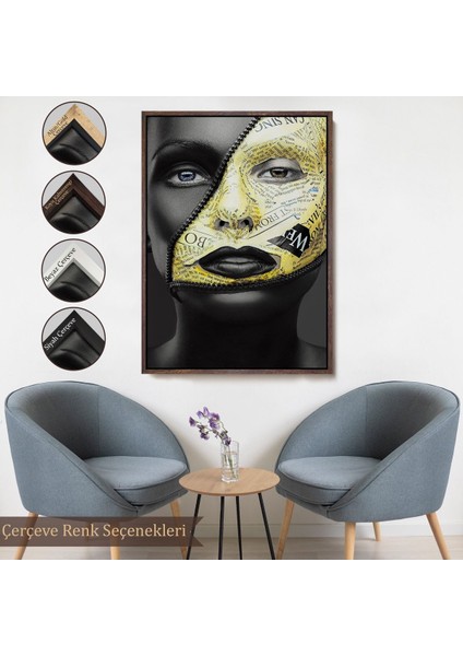 Siyah Çerçeveli Fermuar Makyajlı Güzel Kızın Yakın Çekim Portresi Kanvas Tablo