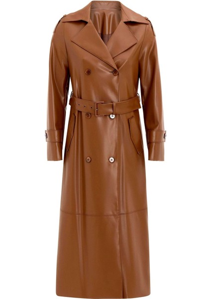 Apolet Detaylı Kruvaze Deri Trençkot Taba 6756