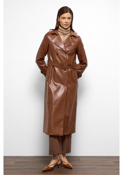 Apolet Detaylı Kruvaze Deri Trençkot Taba 6756 modelleri