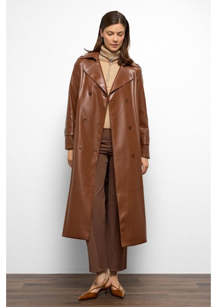 Apolet Detaylı Kruvaze Deri Trençkot Taba 6756 indirimleri