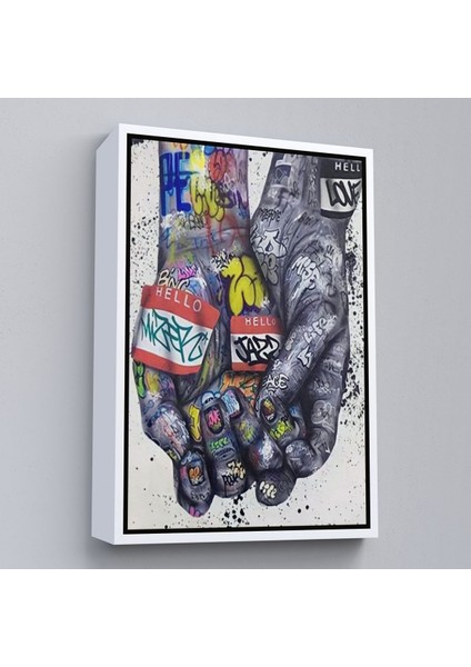 Beyaz Çerçeveli Banksy Tarzı Kanvas Duvar Sanatı, Graffiti El Duvar Posteri Kanvas Tablo