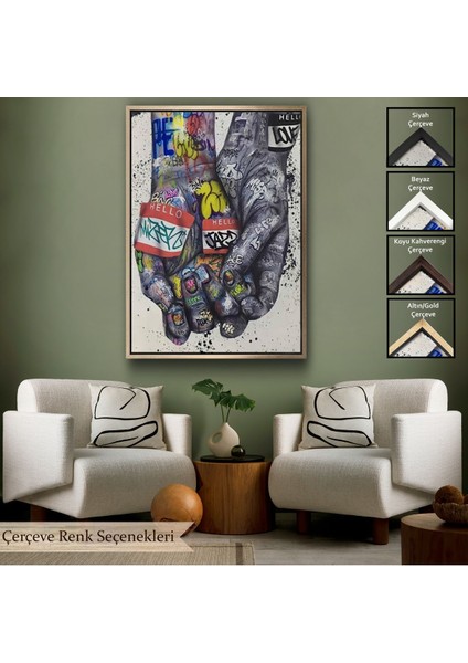 Beyaz Çerçeveli Banksy Tarzı Kanvas Duvar Sanatı, Graffiti El Duvar Posteri Kanvas Tablo