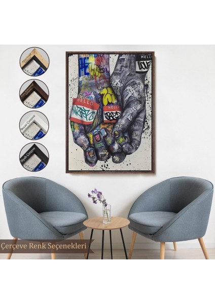 Beyaz Çerçeveli Banksy Tarzı Kanvas Duvar Sanatı, Graffiti El Duvar Posteri Kanvas Tablo