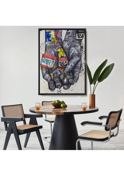 Beyaz Çerçeveli Banksy Tarzı Kanvas Duvar Sanatı, Graffiti El Duvar Posteri Kanvas Tablo