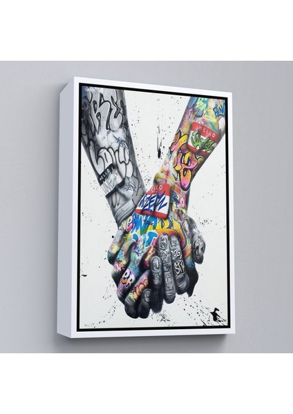 Beyaz Çerçeveli Graffiti El Duvar Posteri, El Ele Tutarak Duvar Sanatı Kanvas Tablo