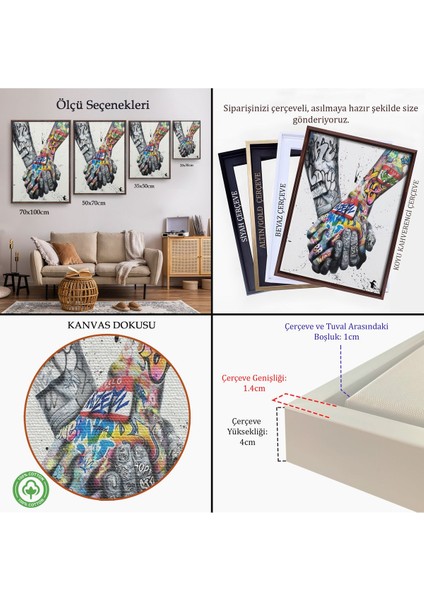 Beyaz Çerçeveli Graffiti El Duvar Posteri, El Ele Tutarak Duvar Sanatı Kanvas Tablo indirimleri