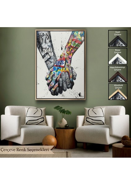 Beyaz Çerçeveli Graffiti El Duvar Posteri, El Ele Tutarak Duvar Sanatı Kanvas Tablo