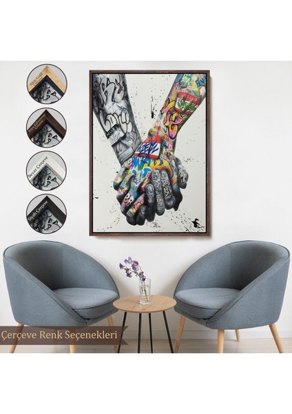 Beyaz Çerçeveli Graffiti El Duvar Posteri, El Ele Tutarak Duvar Sanatı Kanvas Tablo