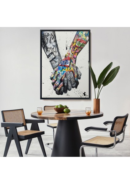 Beyaz Çerçeveli Graffiti El Duvar Posteri, El Ele Tutarak Duvar Sanatı Kanvas Tablo