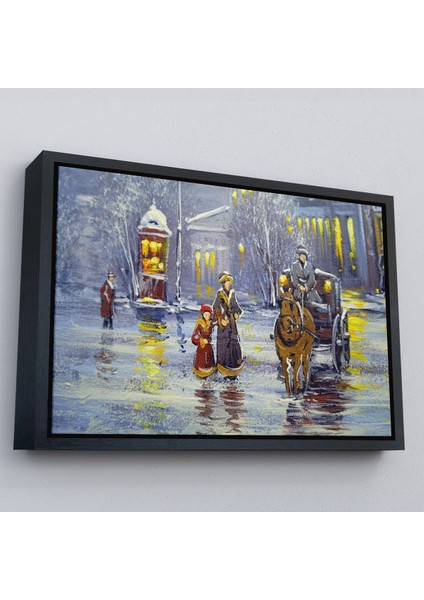 Siyah Çerçeveli Eski Şehir ve At Arabası Yağlıboya Görünüm Dekoratif Kanvas Duvar Tablosu