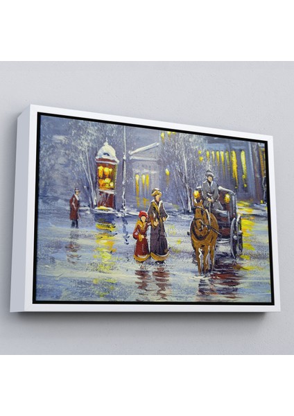 Siyah Çerçeveli Eski Şehir ve At Arabası Yağlıboya Görünüm Dekoratif Kanvas Duvar Tablosu fiyatları