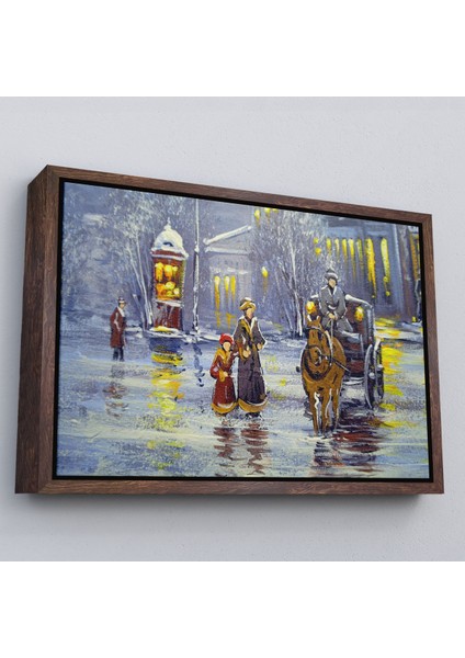 Siyah Çerçeveli Eski Şehir ve At Arabası Yağlıboya Görünüm Dekoratif Kanvas Duvar Tablosu modelleri