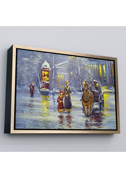 Siyah Çerçeveli Eski Şehir ve At Arabası Yağlıboya Görünüm Dekoratif Kanvas Duvar Tablosu fırsatları