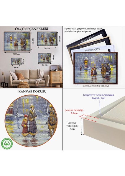 Siyah Çerçeveli Eski Şehir ve At Arabası Yağlıboya Görünüm Dekoratif Kanvas Duvar Tablosu indirimleri