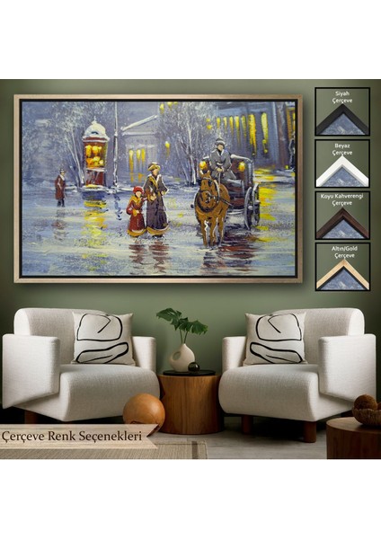 Siyah Çerçeveli Eski Şehir ve At Arabası Yağlıboya Görünüm Dekoratif Kanvas Duvar Tablosu