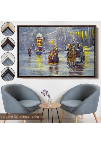 Siyah Çerçeveli Eski Şehir ve At Arabası Yağlıboya Görünüm Dekoratif Kanvas Duvar Tablosu