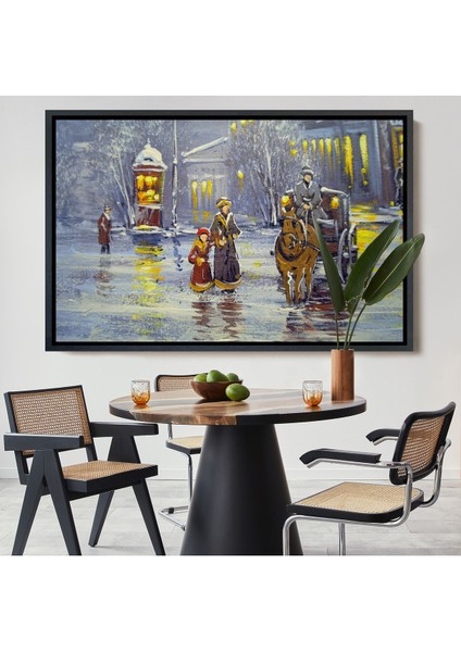 Siyah Çerçeveli Eski Şehir ve At Arabası Yağlıboya Görünüm Dekoratif Kanvas Duvar Tablosu