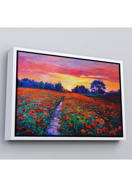 Beyaz Çerçeveli Haşhaş Tarlasının Yağlı Boya Tablosu