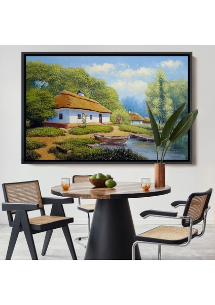 Çerçeveli Ukrayna Köy Evi Manzarası Yağlıboya Görünüm Dekoratif Kanvas Duvar TABLOSU-3663