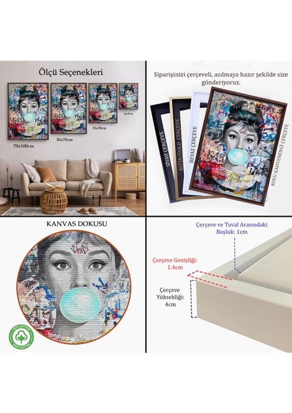 Beyaz Çerçeveli Audrey Hepburn Graffiti Pop Art Duvar Tablosu indirimleri