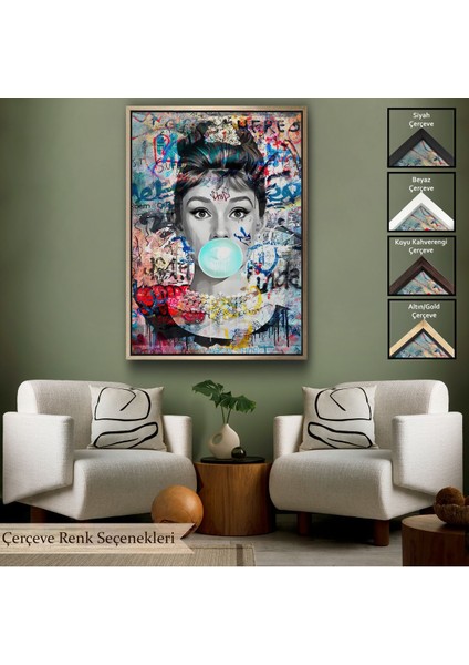 Beyaz Çerçeveli Audrey Hepburn Graffiti Pop Art Duvar Tablosu