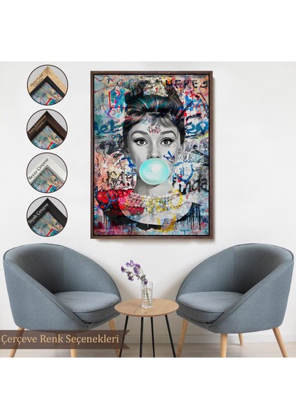 Beyaz Çerçeveli Audrey Hepburn Graffiti Pop Art Duvar Tablosu