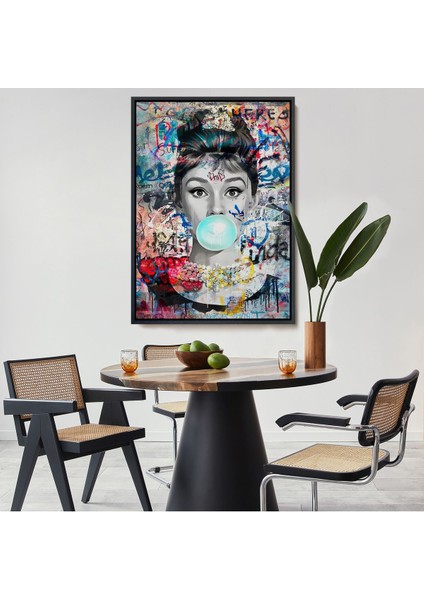 Beyaz Çerçeveli Audrey Hepburn Graffiti Pop Art Duvar Tablosu