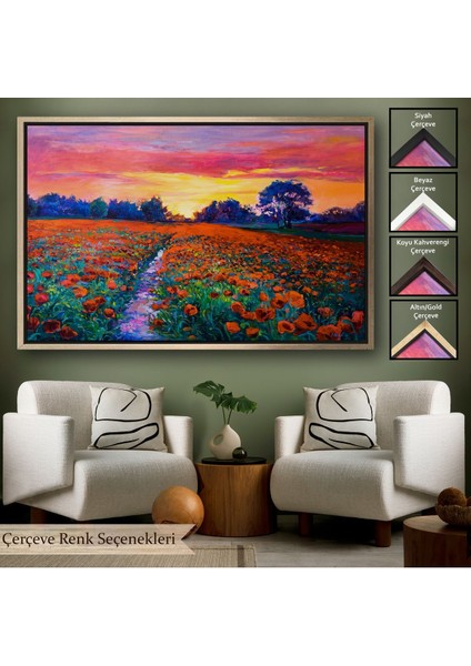 Beyaz Çerçeveli Haşhaş Tarlasının Yağlı Boya Tablosu