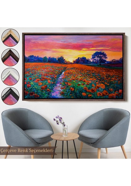 Beyaz Çerçeveli Haşhaş Tarlasının Yağlı Boya Tablosu