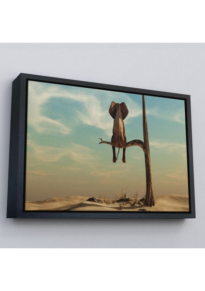 Siyah Çerçeveli Ağaç Dalında Oturan Fil Dekoratif Kanvas Tablo