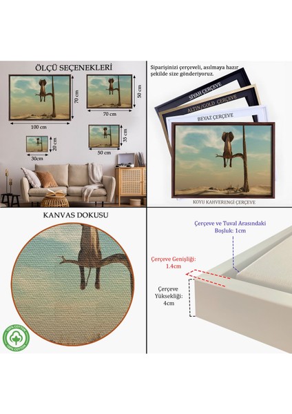 Siyah Çerçeveli Ağaç Dalında Oturan Fil Dekoratif Kanvas Tablo indirimleri