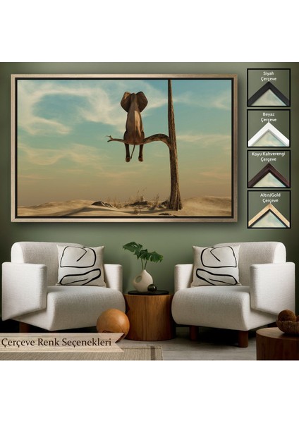 Siyah Çerçeveli Ağaç Dalında Oturan Fil Dekoratif Kanvas Tablo