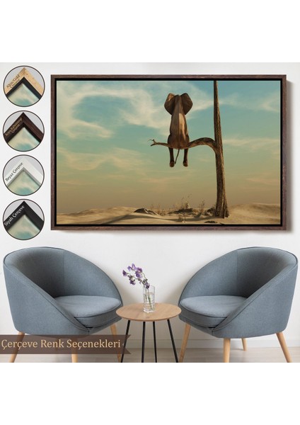 Siyah Çerçeveli Ağaç Dalında Oturan Fil Dekoratif Kanvas Tablo