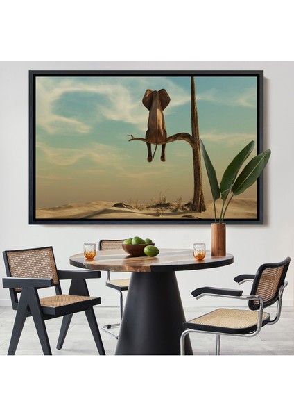 Siyah Çerçeveli Ağaç Dalında Oturan Fil Dekoratif Kanvas Tablo