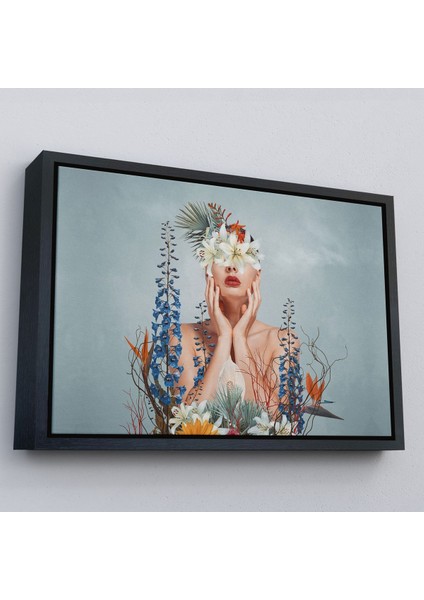 Siyah Çerçeveli Çiçekler Içindeki Güzel Kadın Portresi Kanvas Tablo