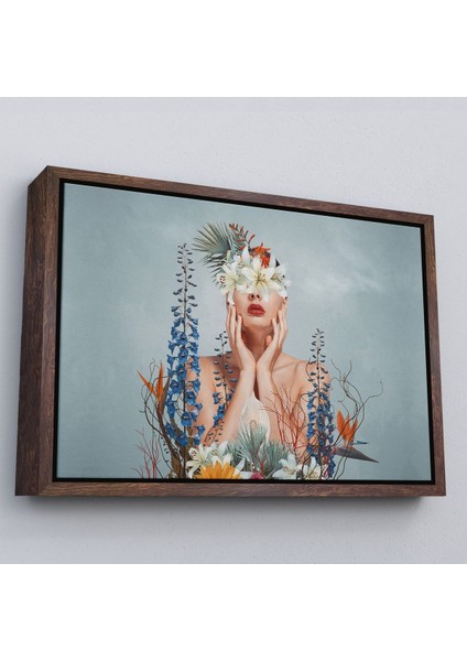 Siyah Çerçeveli Çiçekler Içindeki Güzel Kadın Portresi Kanvas Tablo modelleri