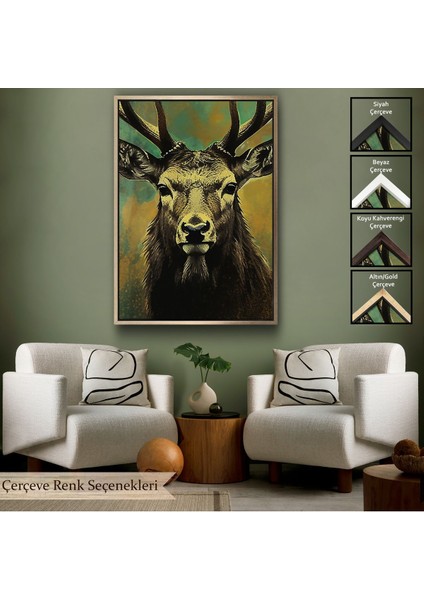 Altın Çerçeveli Iri Geyik Kafası Tablosu